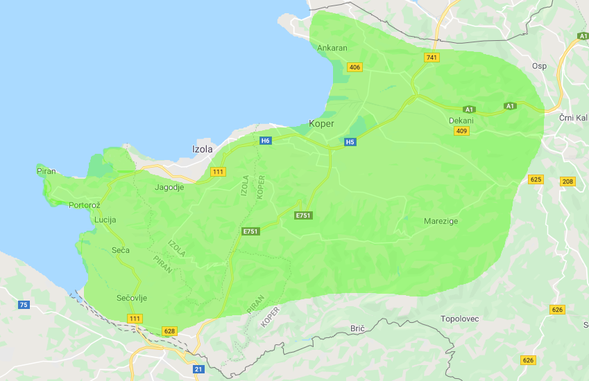 Zemljevid informativne pokritosti Istrasat omrežja